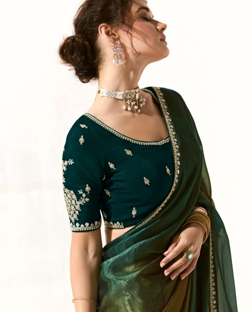 2223 - ATTRACTIVE TEAL GREEN BORDER WORK TISSUE SILK FESTIVE WEAR SAREE